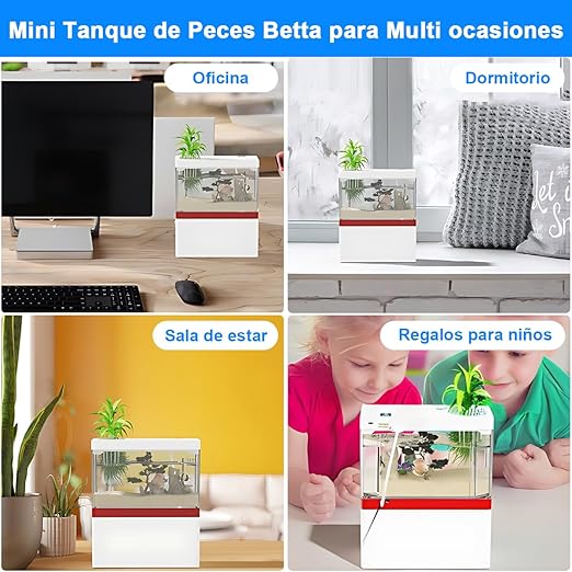 AbaqKalza Mini Pecera para Pez Betta con Filtro,1.5 Galones Pecera para Peces con Iluminación Led 3 Colores,Mini Tanque Acuario con USB Bomba de Agua para Escritorio Oficina Hogar.