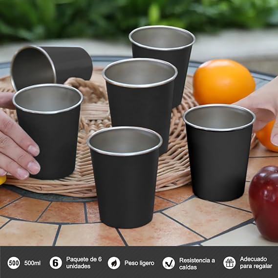 A Vasos de Acero Inoxidable Apilable 500ml 6PCS, EASYTAO Taza Termica Frio y Caliente, Diseño en Color Mate, para Hogar, Reuniones, Fiesta y Viajar (Negro).