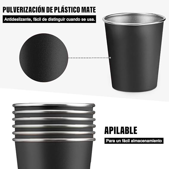 A Vasos de Acero Inoxidable Apilable 500ml 6PCS, EASYTAO Taza Termica Frio y Caliente, Diseño en Color Mate, para Hogar, Reuniones, Fiesta y Viajar (Negro).