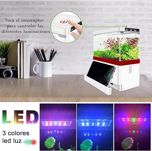 AbaqKalza Mini Pecera para Pez Betta con Filtro,1.5 Galones Pecera para Peces con Iluminación Led 3 Colores,Mini Tanque Acuario con USB Bomba de Agua para Escritorio Oficina Hogar.