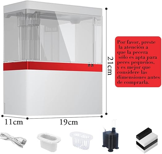 AbaqKalza Mini Pecera para Pez Betta con Filtro,1.5 Galones Pecera para Peces con Iluminación Led 3 Colores,Mini Tanque Acuario con USB Bomba de Agua para Escritorio Oficina Hogar.