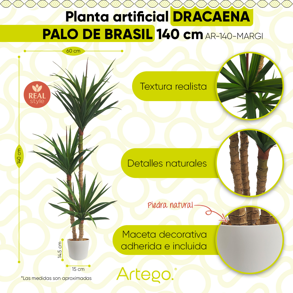Planta artificial decorativa moderna con maceta Dracaena Palo de Brasil de 140cm de alto Artego para hogar sala comercio oficina.