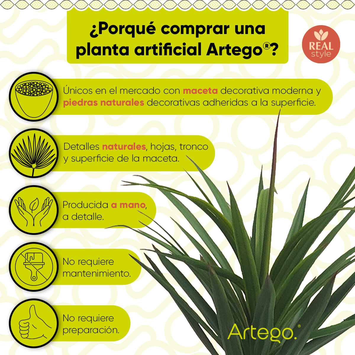 Planta artificial decorativa moderna con maceta Dracaena Palo de Brasil de 140cm de alto Artego para hogar sala comercio oficina.