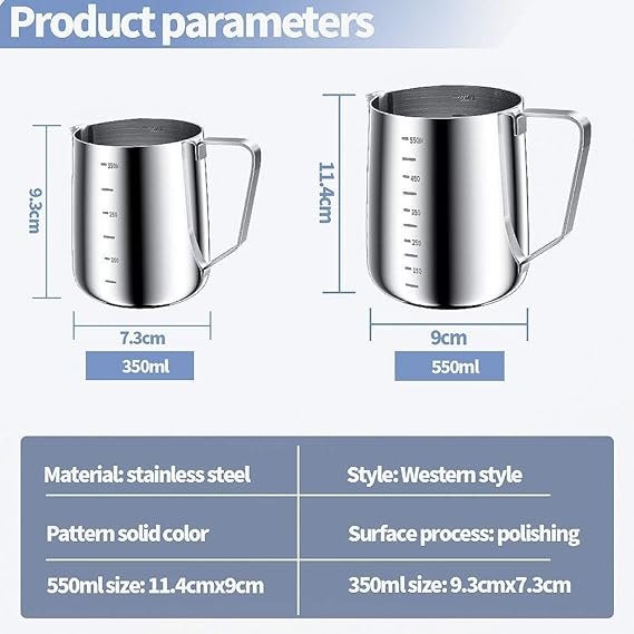 A SKM-MX Jarra para Espumar Leche 350ml Jarra de Leche de Acero Inoxidable Medidas en Ambos Interiores para Espumar Café Espresso y Leche Máquinas de Café Espresso(350ML).