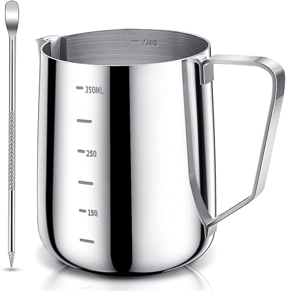A SKM-MX Jarra para Espumar Leche 350ml Jarra de Leche de Acero Inoxidable Medidas en Ambos Interiores para Espumar Café Espresso y Leche Máquinas de Café Espresso(350ML).