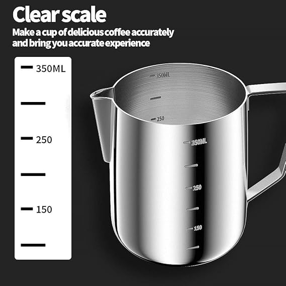 A SKM-MX Jarra para Espumar Leche 350ml Jarra de Leche de Acero Inoxidable Medidas en Ambos Interiores para Espumar Café Espresso y Leche Máquinas de Café Espresso(350ML).