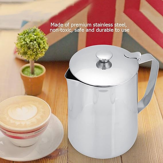 A Jarra para Espumar Café con Tapa, Taza para Espumar Leche de Acero Inoxidable, Taza para Jarra de Leche Multifuncional, Jarra para Vaporizar Café con Asa para Arte con Leche Y Leche para(1500 ml).