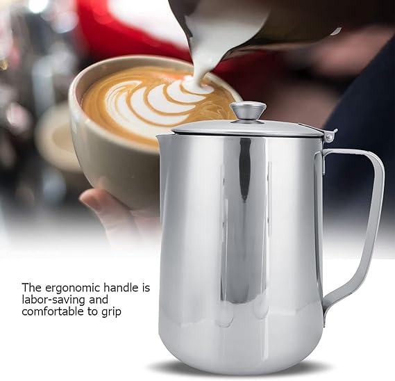 A Jarra para Espumar Café con Tapa, Taza para Espumar Leche de Acero Inoxidable, Taza para Jarra de Leche Multifuncional, Jarra para Vaporizar Café con Asa para Arte con Leche Y Leche para(1500 ml).
