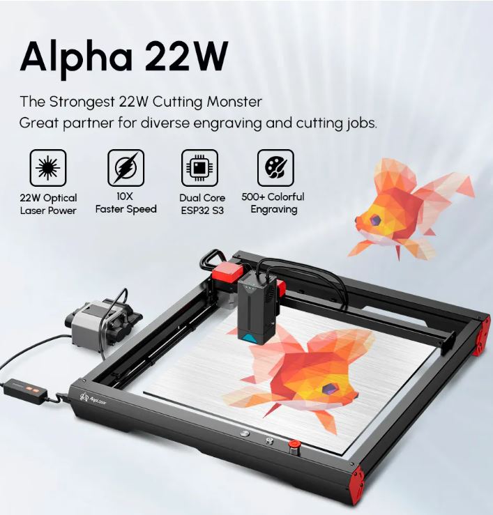 AlgoLaser Delta 22W con Rotativo Mandril + Panel de Abeja