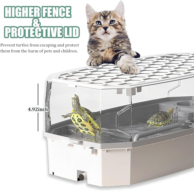 VERABE - Tanque de tortuga pequeña con tapa, acuario acrílico de tortuga con bomba de agua, vista completa, hábitat de tortuga visualmente reptil, fácil de limpiar y cambiar agua, área multifuncional, mediano, blanco.