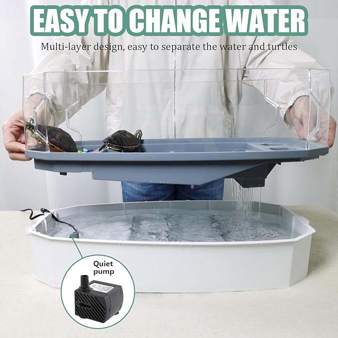 VERABE - Tanque de tortuga pequeña con tapa, acuario acrílico de tortuga con bomba de agua, vista completa, hábitat de tortuga visualmente reptil, fácil de limpiar y cambiar agua, área multifuncional, mediano, blanco.