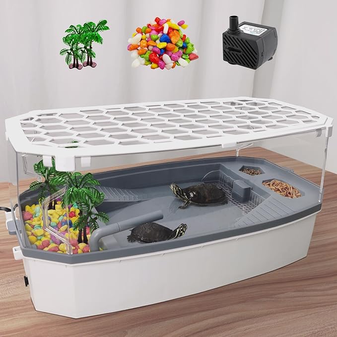 VERABE - Tanque de tortuga pequeña con tapa, acuario acrílico de tortuga con bomba de agua, vista completa, hábitat de tortuga visualmente reptil, fácil de limpiar y cambiar agua, área multifuncional, mediano, blanco.
