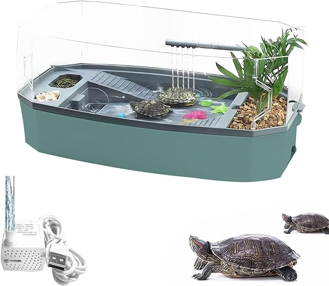 AZYAADIXX Tortuguero Grande con Bomba de Agua, Tanque Alta Antiescape para Tortuga, Hábitat de Tortugas Terrario Acuario de Tortuga Rampa Plataforma para Tortuga Anfibia Reptile Pequeño Transparente.