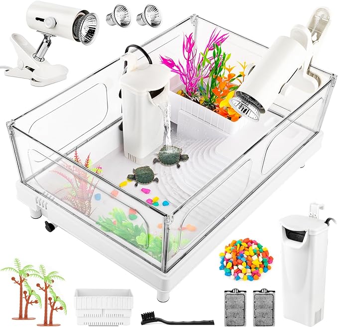 Geegoods Kit de tanque de tortuga, kit de iniciación de tanque de tortuga pequeño, acuario de tortuga con luz, filtro, rocas de colores, cepillo para polvo y planta pequeña para tortugas, cangrejos, cangrejos de río, reptiles pequeños.