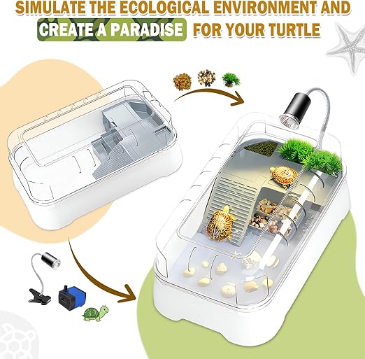 Kit de tanque de tortuga grande, kit de inicio de tanque de tortuga con plataforma de filtro de bomba y luz UV, drenaje inferior, áreas multifuncionales para tortugas, cangrejos, cangrejos de río,.