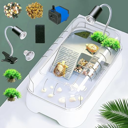 Kit de tanque de tortuga grande, kit de inicio de tanque de tortuga con plataforma de filtro de bomba y luz UV, drenaje inferior, áreas multifuncionales para tortugas, cangrejos, cangrejos de río,.