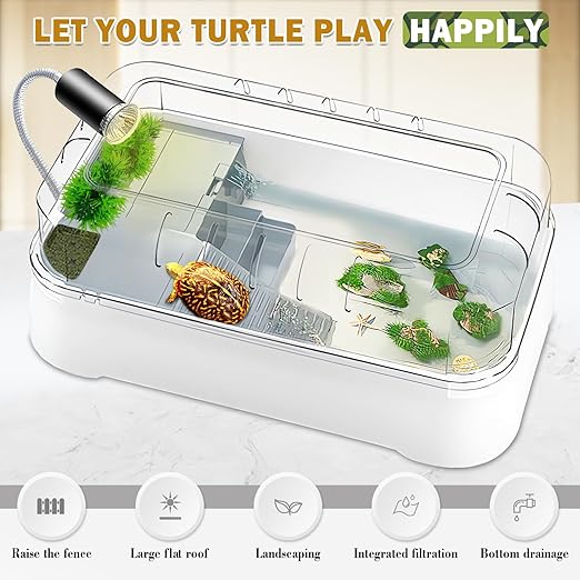 Kit de tanque de tortuga grande, kit de inicio de tanque de tortuga con plataforma de filtro de bomba y luz UV, drenaje inferior, áreas multifuncionales para tortugas, cangrejos, cangrejos de río,.