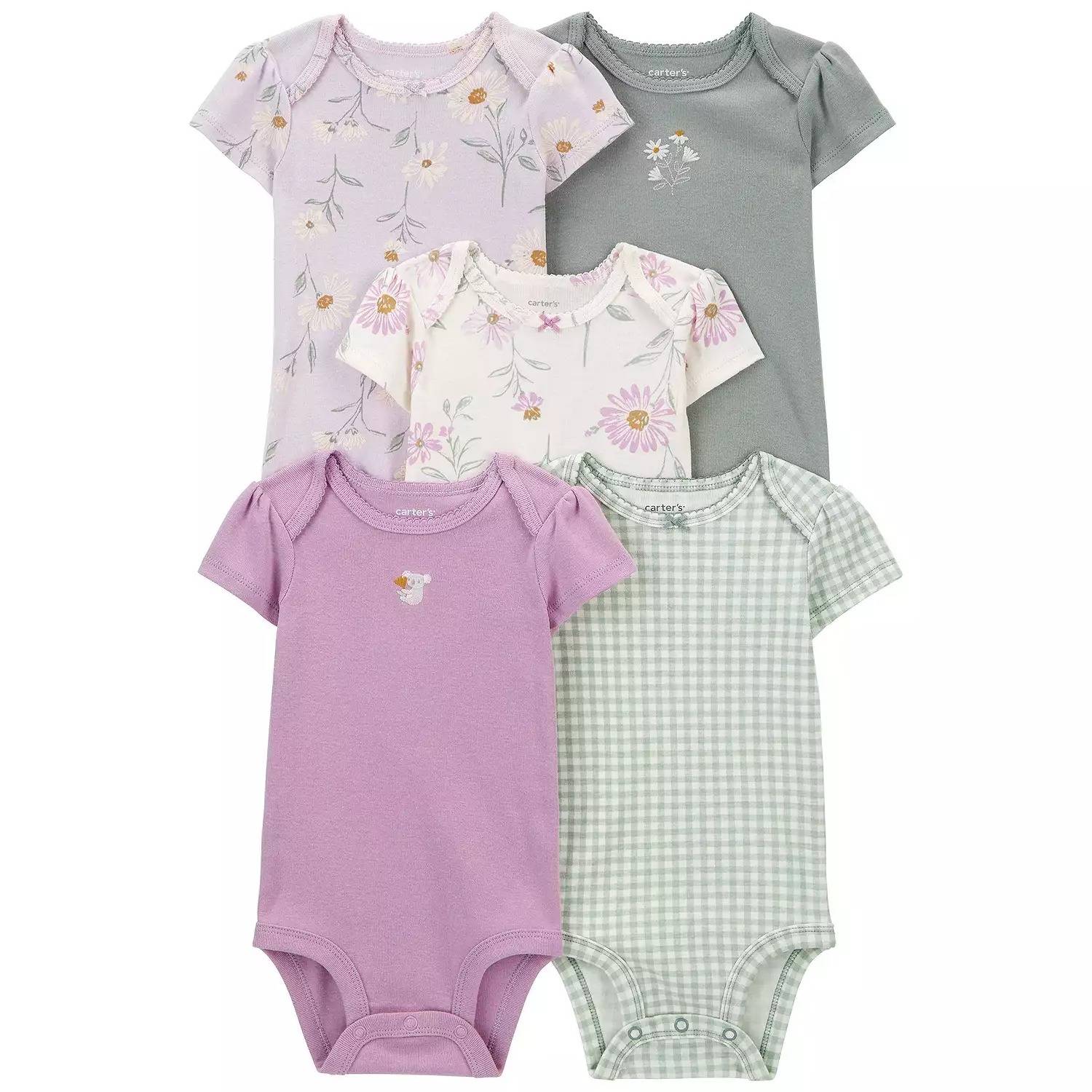 Carters Set 5 Piezas Pañalero Mamelucos Flores Moradas.