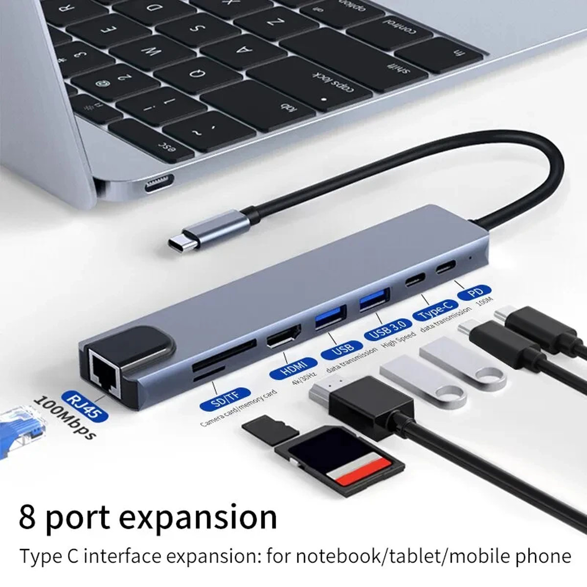 Hub 8 en 1 USB 3.0 Tipo C HDMI Ethernet RJ45 Micro SD Carga PD.
