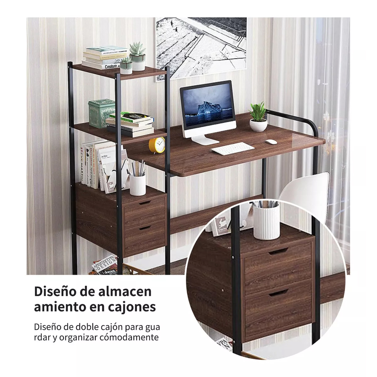 Escritorios Madera Modernos Sunoffer Con Almacenamiento Y Estantes Marrón.