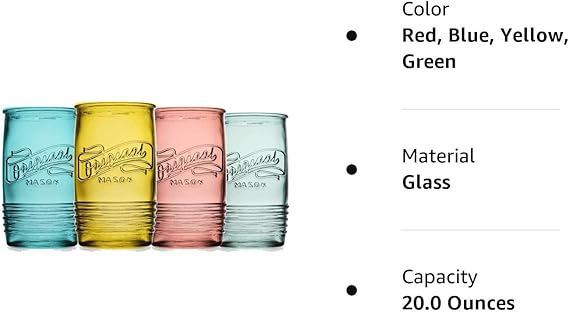 A Glaver's - Juego de 4 vasos originales Mason Collins de colores surtidos para zumos, cócteles, vasos de bebidas y lavado a mano (color original Mason 20 onzas).