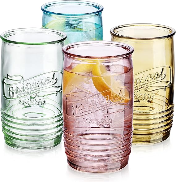 A Glaver's - Juego de 4 vasos originales Mason Collins de colores surtidos para zumos, cócteles, vasos de bebidas y lavado a mano (color original Mason 20 onzas).