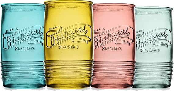 A Glaver's - Juego de 4 vasos originales Mason Collins de colores surtidos para zumos, cócteles, vasos de bebidas y lavado a mano (color original Mason 20 onzas).