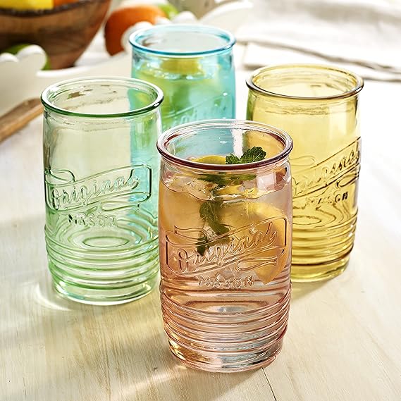 A Glaver's - Juego de 4 vasos originales Mason Collins de colores surtidos para zumos, cócteles, vasos de bebidas y lavado a mano (color original Mason 20 onzas).
