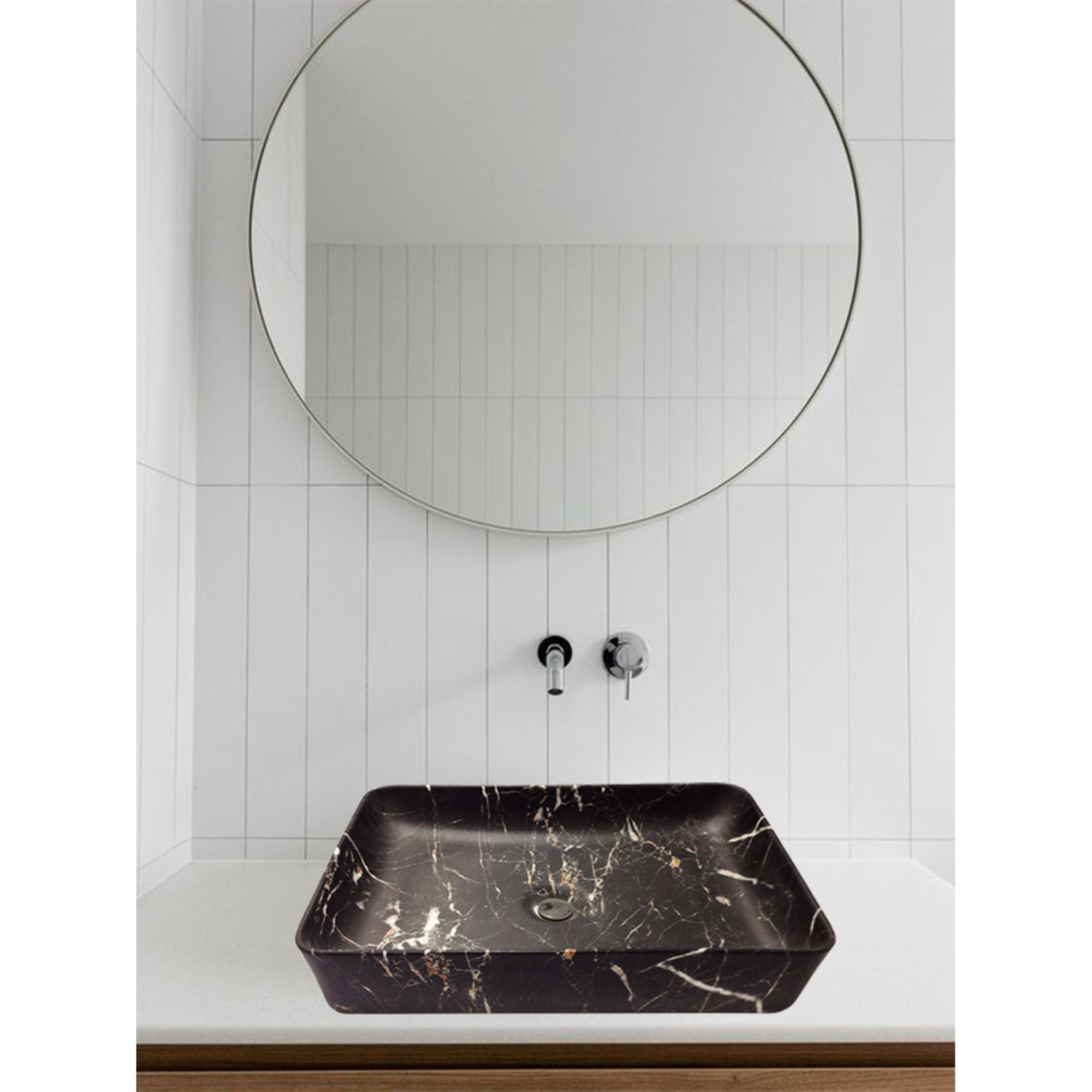 Lavabo Cerámico para Baño ANTI, forma rectangular acabado marmoleado mate en color negro. De sobreponer, con diseño europeo ideal para todo tipo de baños. Dimensiones 50.0 x 35.5 x 11.0 cms. (base x altura x profundidad)