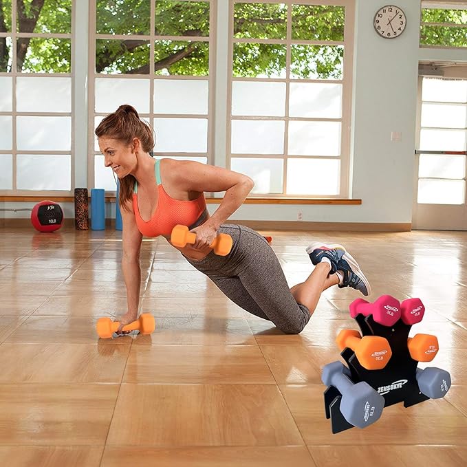 ZENSUKYE Set 6 Mancuernas Fitness de Neopreno Hexagonales (3LB, 5LB, 8LB), con Base Incluida.
