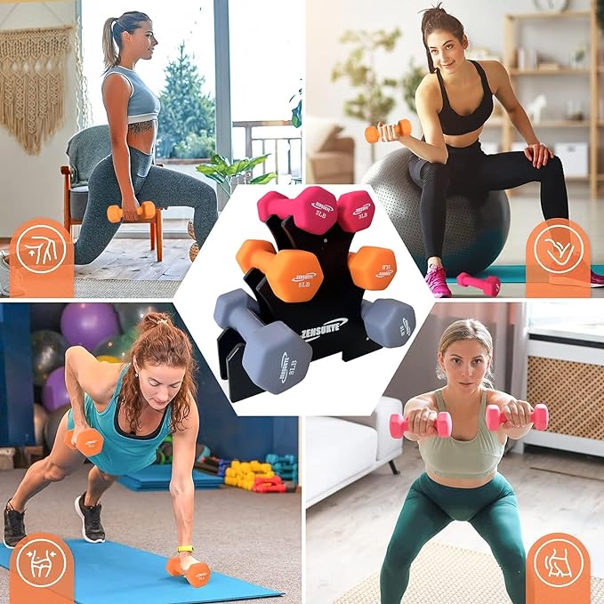 ZENSUKYE Set 6 Mancuernas Fitness de Neopreno Hexagonales (3LB, 5LB, 8LB), con Base Incluida.
