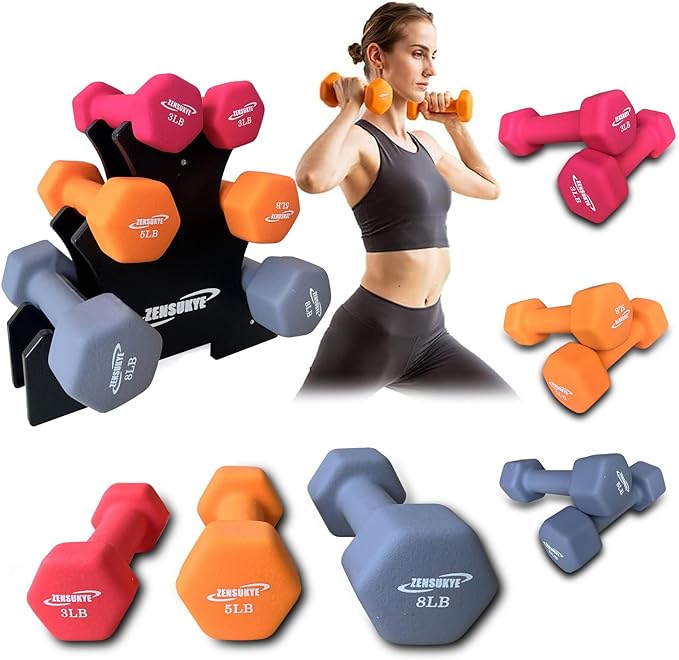 ZENSUKYE Set 6 Mancuernas Fitness de Neopreno Hexagonales (3LB, 5LB, 8LB), con Base Incluida.