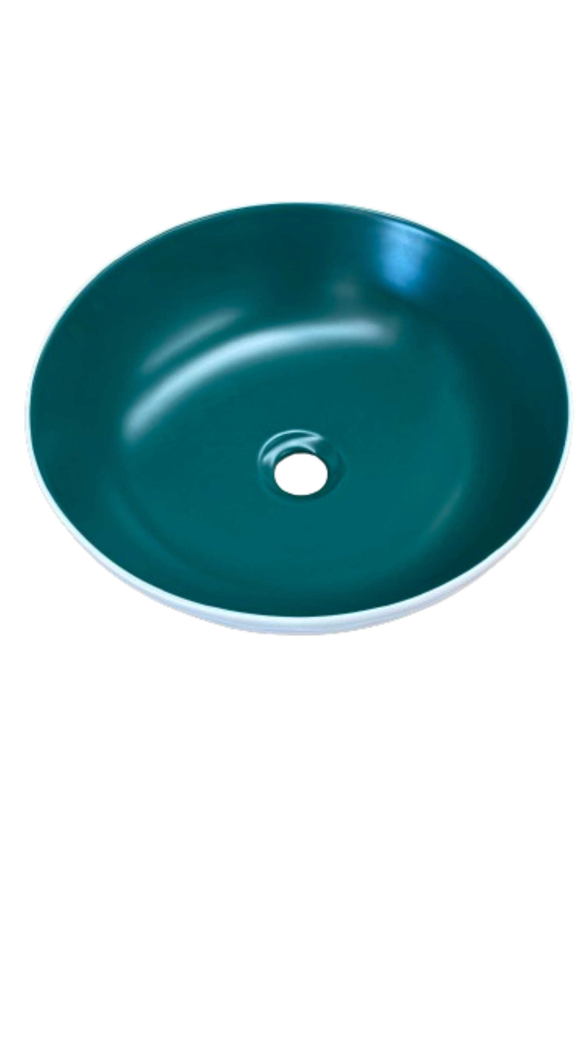 Lavabo Cerámico para Baño KAU, forma redonda color en el exterior blanco mate con textura en alto relieve y acabado rústico, esmalte verde en el interior. De sobreponer con diseño europeo ideal para todo tipo de baños. Dimensiones 400x400x135 mm