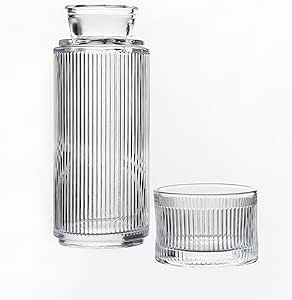 A Alfi+Mag - Juego de jarra de agua y vasos de vidrio para mesita de noche, botella de agua de 25.5 onzas con vaso de 6 onzas para mesita de noche, juego de baño de jarra de enjuague bucal, (vidrio transparente para ripe).