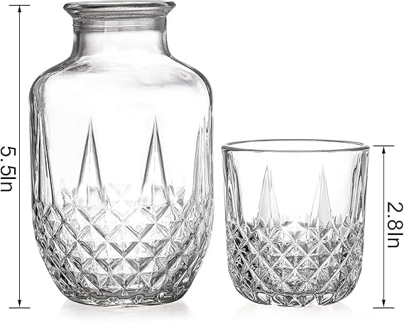 A Juego de Jarra de Agua y Vaso para Mesita de Noche, Jarra para Mesita de Noche y Vaso de Vidrio para Agua, Jarra de Agua de Vidrio Vintage con Juego de Tazas para Dormitorio.(18oz & Flores de Hielo).