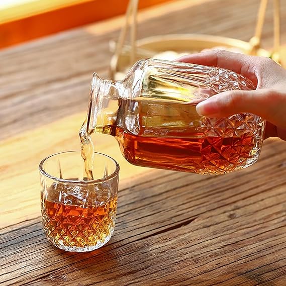 A Juego de Jarra de Agua y Vaso para Mesita de Noche, Jarra para Mesita de Noche y Vaso de Vidrio para Agua, Jarra de Agua de Vidrio Vintage con Juego de Tazas para Dormitorio.(18oz & Flores de Hielo).