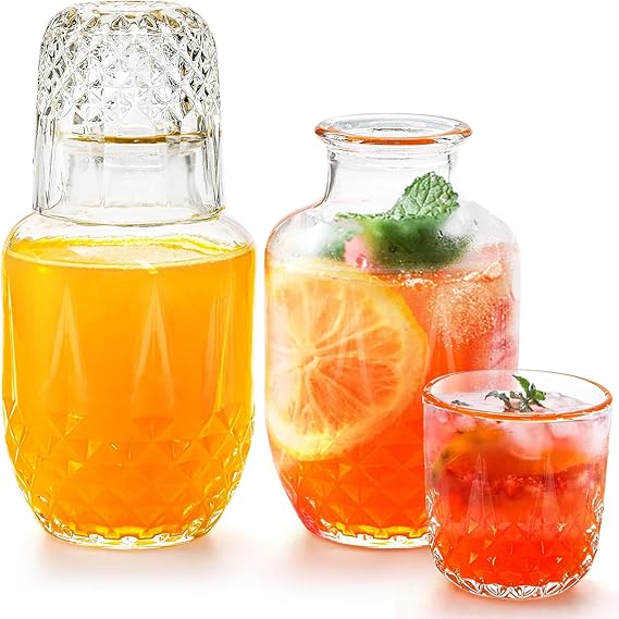 A Juego de Jarra de Agua y Vaso para Mesita de Noche, Jarra para Mesita de Noche y Vaso de Vidrio para Agua, Jarra de Agua de Vidrio Vintage con Juego de Tazas para Dormitorio.(18oz & Flores de Hielo).