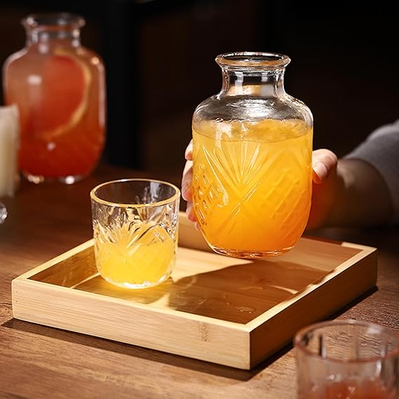 A Juego de Jarra de Agua y Vaso para Mesita de Noche, Jarra para Mesita de Noche y Vaso de Vidrio para Agua, Jarra de Agua de Vidrio Vintage con Juego de Tazas para Dormitorio.(18oz & Flores de Hielo).