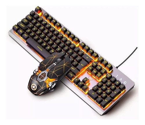 Kit Mouse Teclado C/luces Led Silenciosas Computadora Laptop Teclado Negro/naranja
