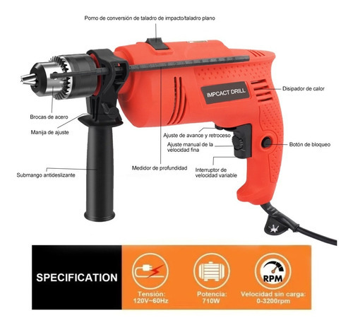 Taladro Rotomartillo 1/2'' Prof 710w Professional Set+brocas Color Naranja