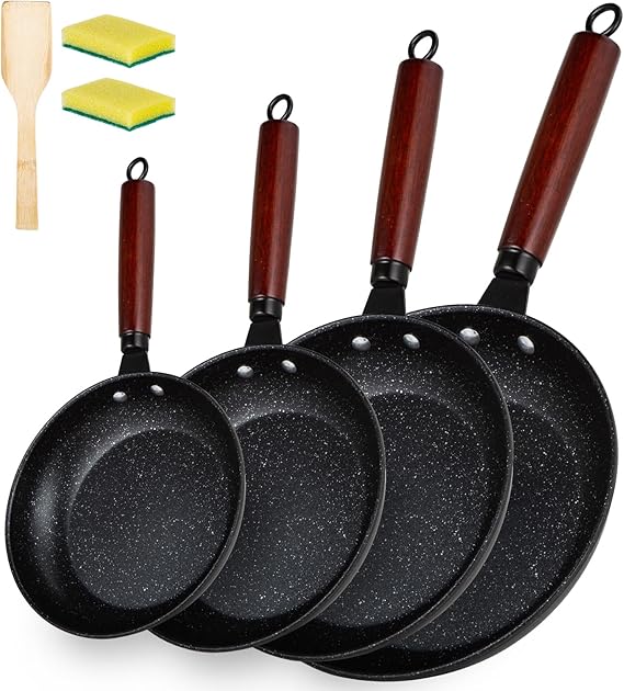 A Juego de 4 Sartenes de 24/26/28/30cm, Aluminio Fundido con Revestimiento Antiadherente para Todo Tipo de Cocinas, Incluso Inducción, Sin PFOA, Mangos Antiquemadura.