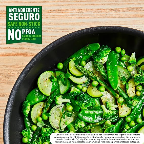 A T-FAL Juego de sartenes easy cook negro cubierta antiadherente para una cocina fácil con indicador de calor thermo-señal y base de difusión. Medidas de sartén 20, 24 y 26 cm, B4440482AMAM.