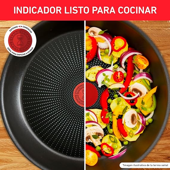 A T-FAL Juego de sartenes easy cook negro cubierta antiadherente para una cocina fácil con indicador de calor thermo-señal y base de difusión. Medidas de sartén 20, 24 y 26 cm, B4440482AMAM.
