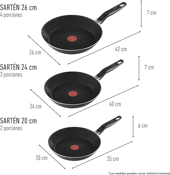 A T-FAL Juego de sartenes easy cook negro cubierta antiadherente para una cocina fácil con indicador de calor thermo-señal y base de difusión. Medidas de sartén 20, 24 y 26 cm, B4440482AMAM.