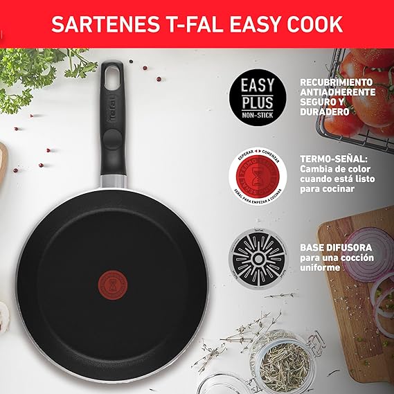 A T-FAL Juego de sartenes easy cook negro cubierta antiadherente para una cocina fácil con indicador de calor thermo-señal y base de difusión. Medidas de sartén 20, 24 y 26 cm, B4440482AMAM.