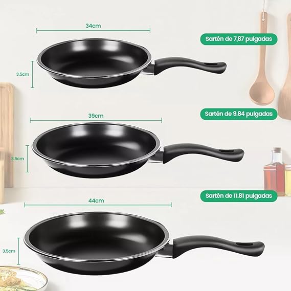 A Sartenes para Freír Juego de 3 Piezas Sartenes, Juego de Sartén Antiadherente 20cm 25cm 30cm, Sarten Hierro Equipado con Mango Anti-caliente, Ideal para Freír, Saltear, Cocinar, Pizza y Más.
