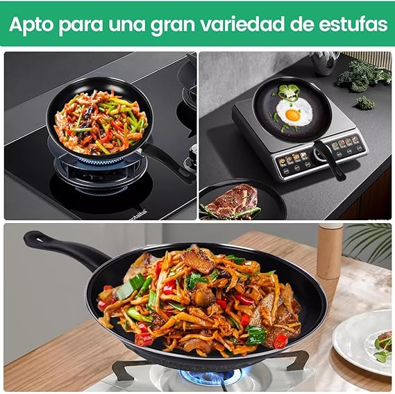 A Sartenes para Freír Juego de 3 Piezas Sartenes, Juego de Sartén Antiadherente 20cm 25cm 30cm, Sarten Hierro Equipado con Mango Anti-caliente, Ideal para Freír, Saltear, Cocinar, Pizza y Más.