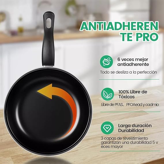 A Sartenes para Freír Juego de 3 Piezas Sartenes, Juego de Sartén Antiadherente 20cm 25cm 30cm, Sarten Hierro Equipado con Mango Anti-caliente, Ideal para Freír, Saltear, Cocinar, Pizza y Más.