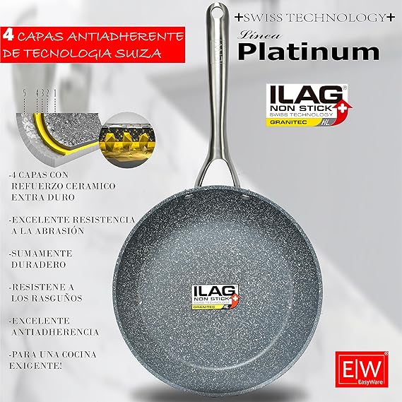 A EasyWare Sartén PLATINUM de aluminio forjado, 4 capas de Antiadherente GRANITEC HIGH LINE Tecnologia SUIZA, Mango extra Largo de ACERO INOXIDABLE, Inducción, libre de PFOA, SALUD (20 cm).