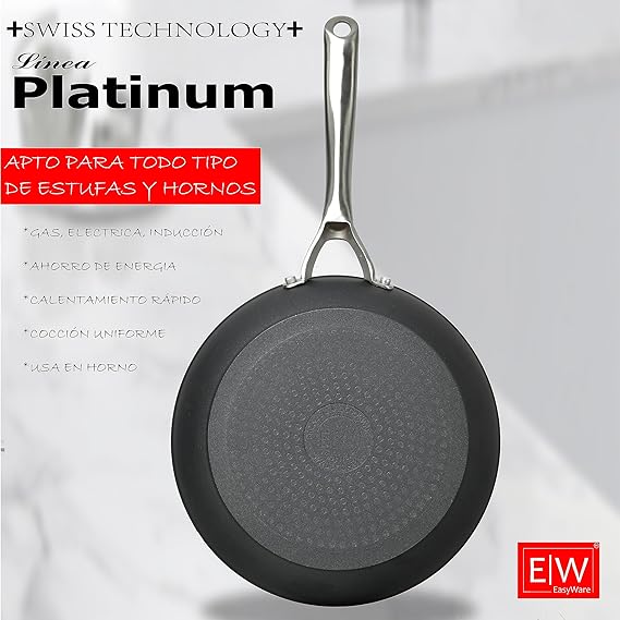 A EasyWare Sartén PLATINUM de aluminio forjado, 4 capas de Antiadherente GRANITEC HIGH LINE Tecnologia SUIZA, Mango extra Largo de ACERO INOXIDABLE, Inducción, libre de PFOA, SALUD (20 cm).